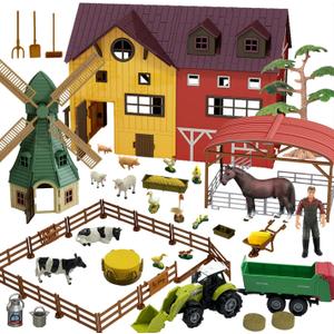 Farm Animals Figurines Toys -140 pcs Toy Set Barn Toy Horse Stable Tractor Trailer Windmill Farmer Fence Playset for Kids Toddlers Boy Girl 3-7 Years Old