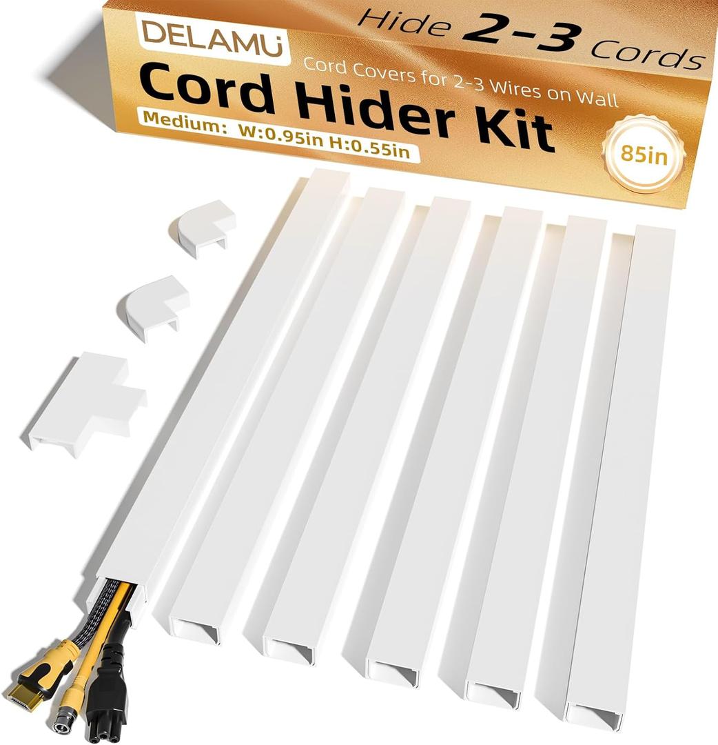 Delamu Cord Hider, 85in Cord Covers for 2-3 Wires on Wall, Self-Adhesive Cable Hider, Paintable Wire Hiders Wire Covers for TV Cords on Wall, Easy Mount Cable Cover Raceway Kit, W0.95 H0.55in, White