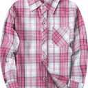 SELINK Girls Long Sleeve Flannel Shirt Kids Buffalo Plaid Button Down Shirt Casual Cute Flannel Blouse Tops (Pink, XXL)