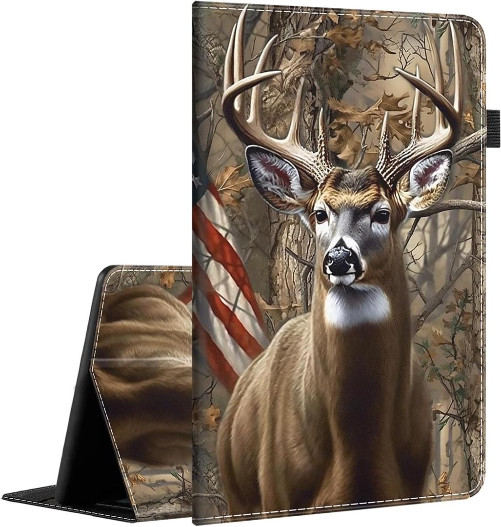 Case Fits Amazon Kindle Fire HD 8 & 8 Plus Tablet (12th Generation/10th Generation, 2022/2020 Release) 8, Multi-Angle Smart Stand Cover Auto Sleep/WakeCamouflage Deer American Flag