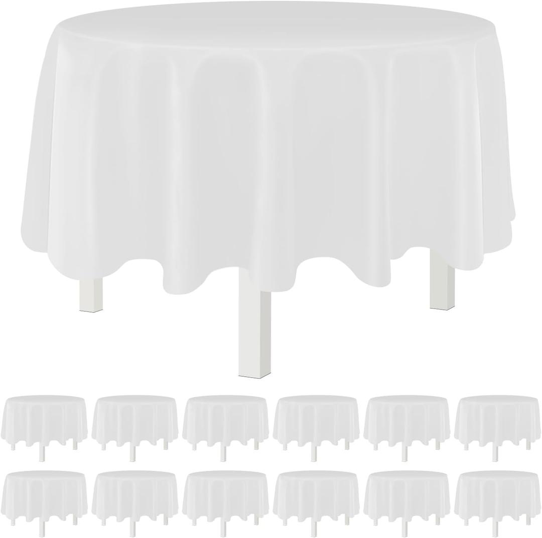 White 12 Pack Plastic Tablecloths 84" Disposable Round Table Cloth Plastic Table Cover for Party Disposable Tablecloths