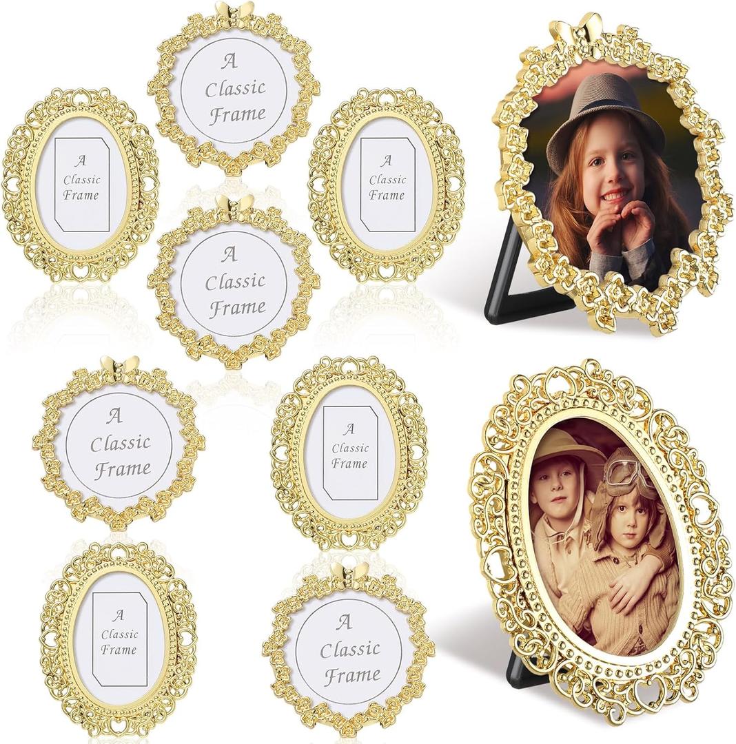 Qunclay 8 Pcs One-inch Mini Vintage Picture Frame Tiny Metal Picture Frames Antique Mini Photo Frame Wallet for Christmas Tabletop and Wall Display Old Fashioned Photo Gallery Art Decor, Gold