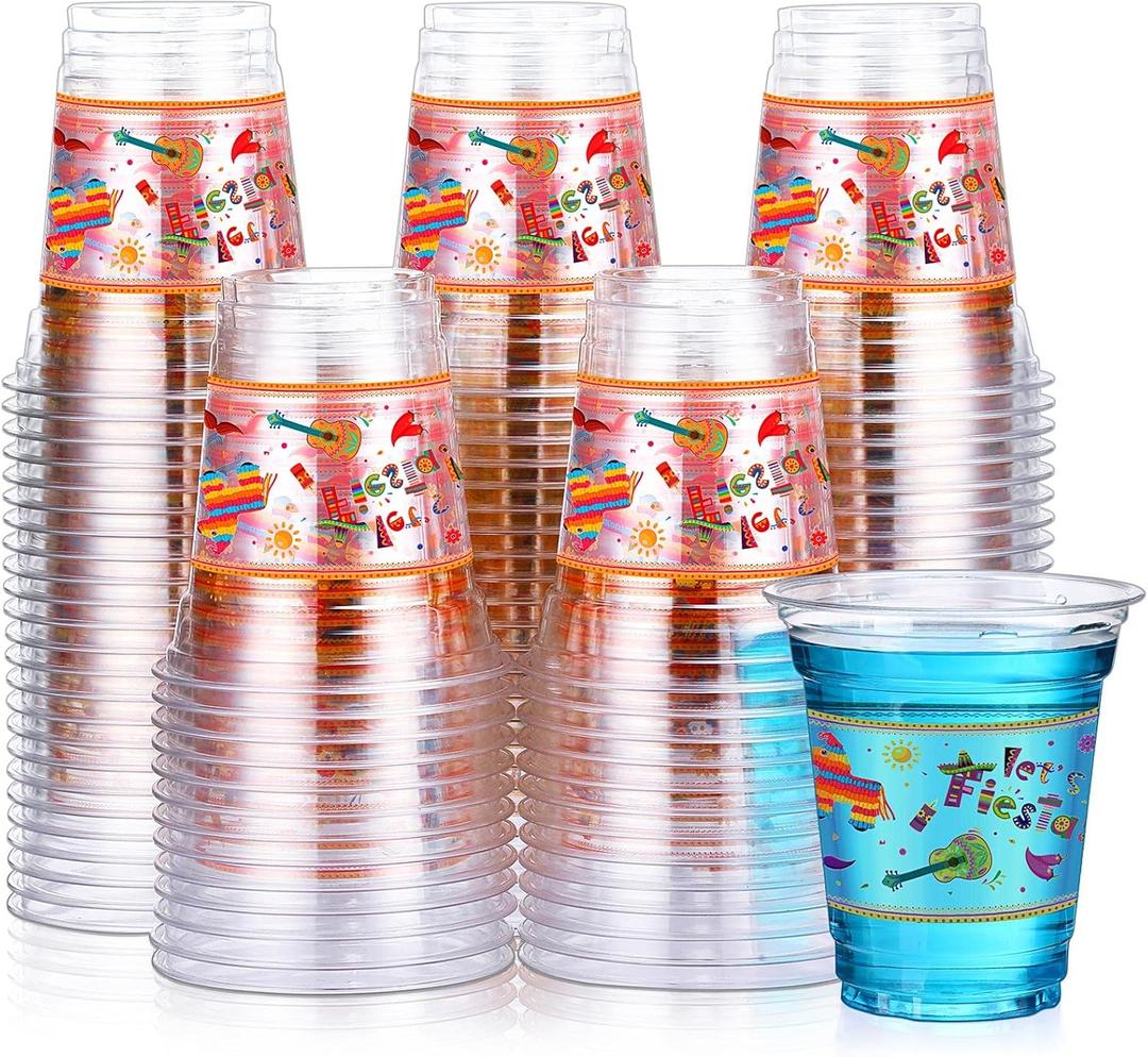 Sumind 100 Pcs 12 oz Let's Fiesta Cups Plastic Mexican Cups Cinco De Mayo Party Decorations Clear Disposable Mug for Fiesta Taco Birthday Party Drinkware Supplies Decorations(Classic Style)