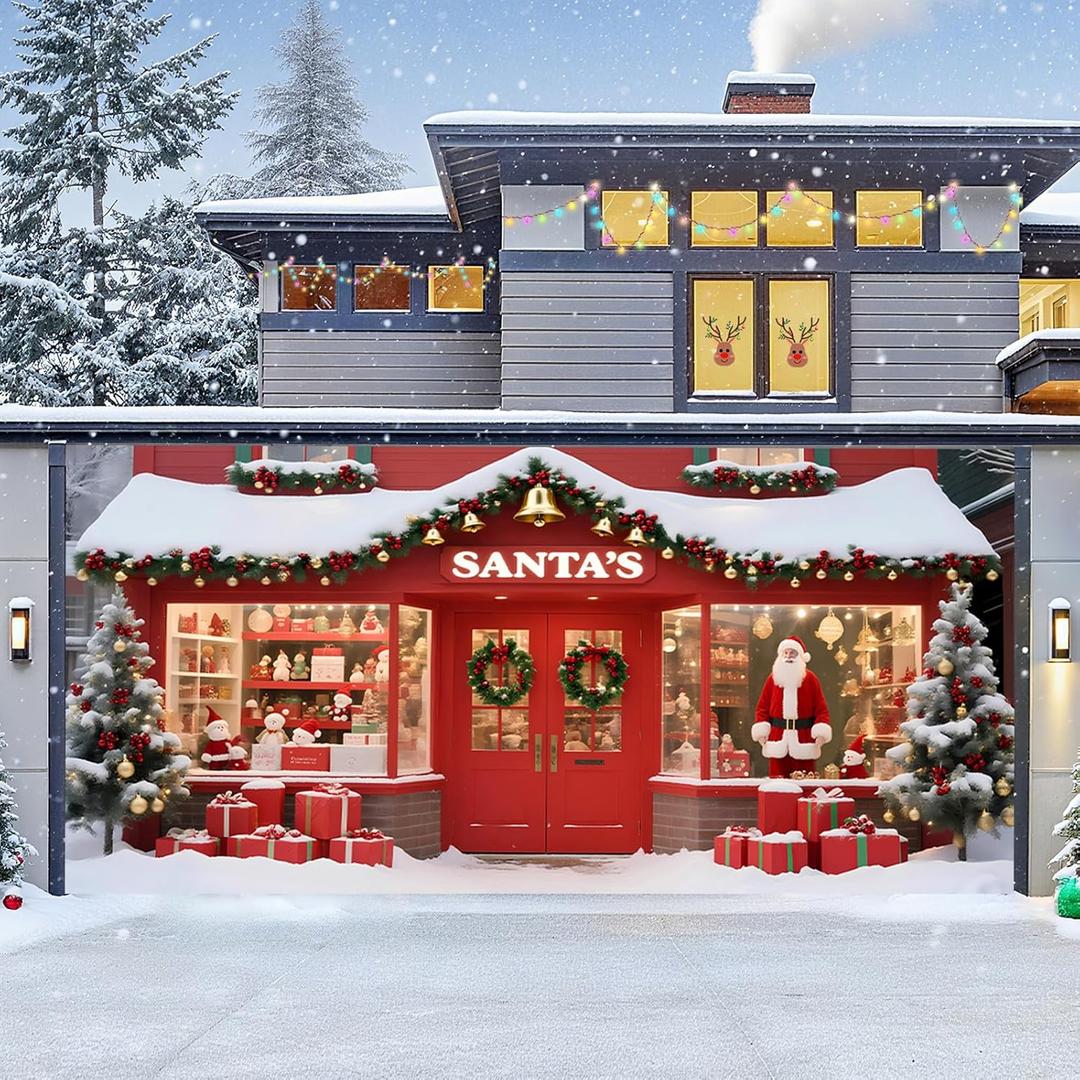 TTCHANG Christmas Garage Door Cover, Large Christmas Banner Backdrop Decorations Hanging Door Photography Decor for Indoor Outdoor House Patio Lawn Party Background,Santa's Shop,16x7FT