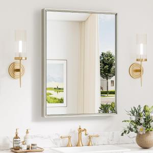 Keonjinn 24 x 32 Inch Brushed Nickel Bathroom Mirror, Beveled Rectangle Framed Mirror for Wall, Farmhouse Bathroom Vanity Mirror for Over Sink, Square Corner, Tempered Glass