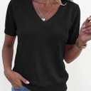 PRETTYGARDEN Womens Short Sleeve Sweaters V Neck Business Casual Tops Lightweight Sweater Shirts 2026 Summer Spring Outfits (Black, L)