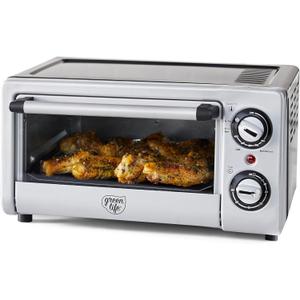 GreenLife Countertop Toaster Oven Air Fryer Stainless Steel, Healthy Ceramic Nonstick, PFAS Free, Tray & Basket, Bake, Broil, Reheat, Adjustable Temp & Time Control, Auto Shutoff, Black