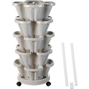 Strawberry Vertical Planter GardenTower, 5 Tiered Stackable Planter with Support Pole, Stacking Herb Vegetable Planters Indoor and Outdoor - Light Grey