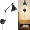 1 Pack Plug in Wall Sconce, Dimmable On Off Switch, Swing Arm Wall Lamp, Black Metal Industrial, Plug in Wall Light (Black, Without Bulb+Remote)