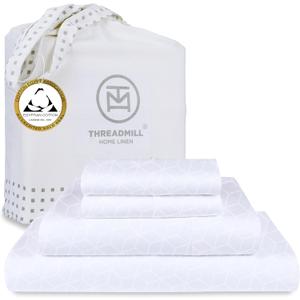 Threadmill Egyptian Cotton Full Size Sheet Set | 100% Certified Egyptian Cotton Sheets for Full Size Bed | Full Bed Sheets Set 16" Deep Pocket | Soft Damask Jacquard 4 Pc Cooling Bedding Set | White (Bright White Cadence)