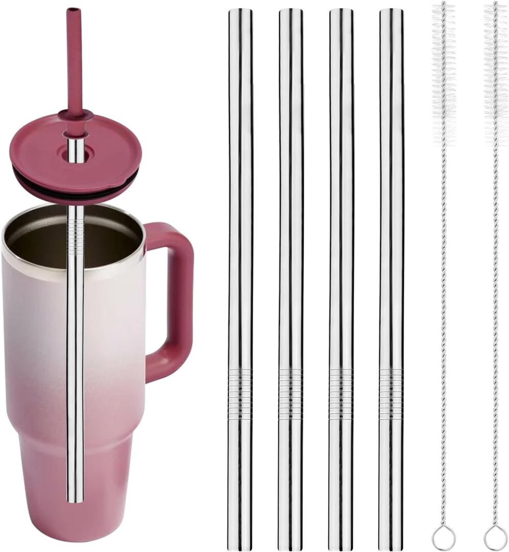 4pcs Stainless Steel Straw Replacement Compatible with Hydroflask Travel Tumbler Cup 40oz, Part Accessories for Hydro Flask Bottle 40oz with 2 Straw Cleaner Brush Reusable Metal Straws