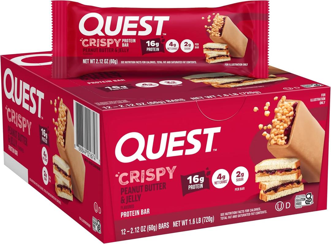 Quest Nutrition Crispy Peanut Butter & Jelly 16g Protein Bar, 2g Sugar, 4g Net Carbs, Gluten Free Snack, Keto Friendly, 12 Count, BBD: 10/07/2026