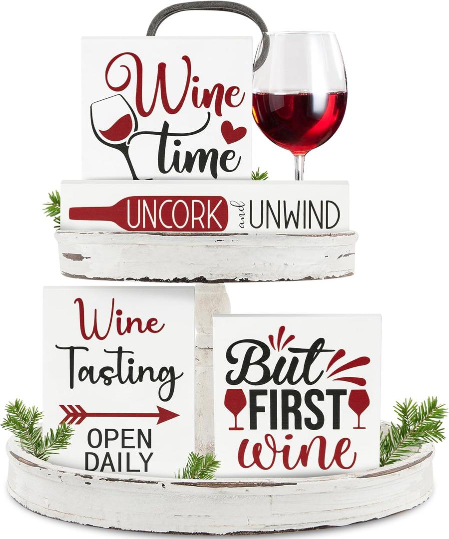 Tiered Tray Decorations - 4Pcs Theme Wooden Table Centerpieces Block Plaque Sign Tabletop Decorations for Home Kitchen Bar Desk Shelf Supplies Gifts