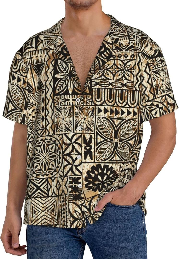 Hawaiian Shirt for Men Hawaii Tapa Cloth Tribal Vintage Short Sleeve Casual Button Down Tropical Summer Beach Shirt Black