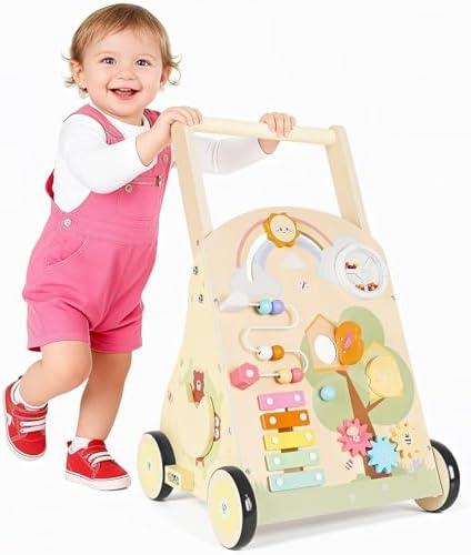 Rosynee Wooden Baby Push Walker Toy - Montessori Wood Walker for Babies Learning to Walk, Walking Push Toys with Activity Center Adjustable Speed & Height for 1 Year Old Kids, 12 Months+ Boys Girls