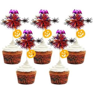 48pcs Halloween Foil Firework Cupcake Toppers Happy Halloween Theme Cupcake Picks Decoration Cocktail Fruit Toothpick for Fall Party