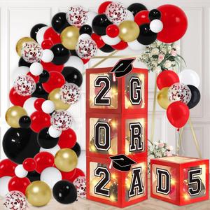 DAZONGE Graduation Decorations 2025, Set of 4 Red Grad Balloon Boxes with 139pcs Balloon Arch Garland Kit & 4 Light Strings - So Proud of You 2025 Graduation Decorations for Any Grades