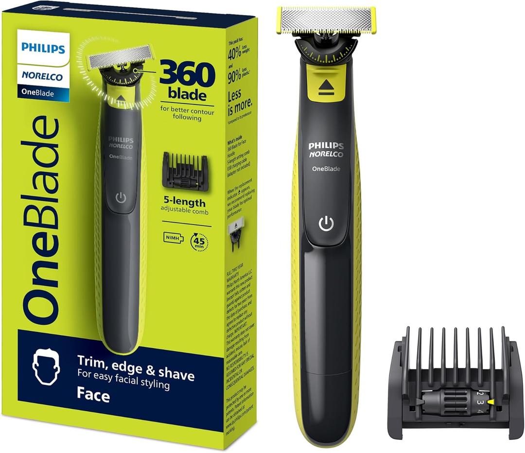 Philips Norelco One 360 Hybrid Face, Electric Beard Trimmer and Shaver, with 360 Technology, 1x 360 for Face, 5in1 Adjustable Comb, Model QP2724/90 (Black & Lime Green)