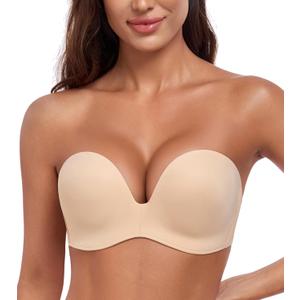 HACI Push Up Strapless Bra for Women Anti-Slip Padded Wireless Stay Put (Beige)