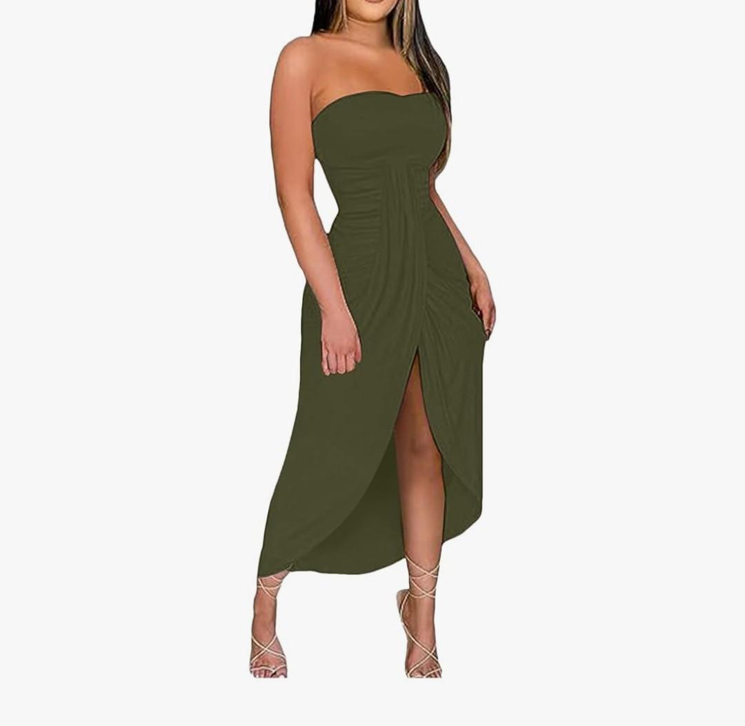 Generic Women's Strapless Ruched High Waist Wrap Split Asymmetrical Solid Color Beach Maxi Long Dresses, Size Medium Light Green
