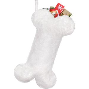 Malier Dog Christmas Stocking, Xmas Luxury Faux Fur Large Bone Shape Hanging with Silver & Gold Snowflakes Sequin Decorations Pets Christmas Dog Stockings for Dogs Cats Pets (White)