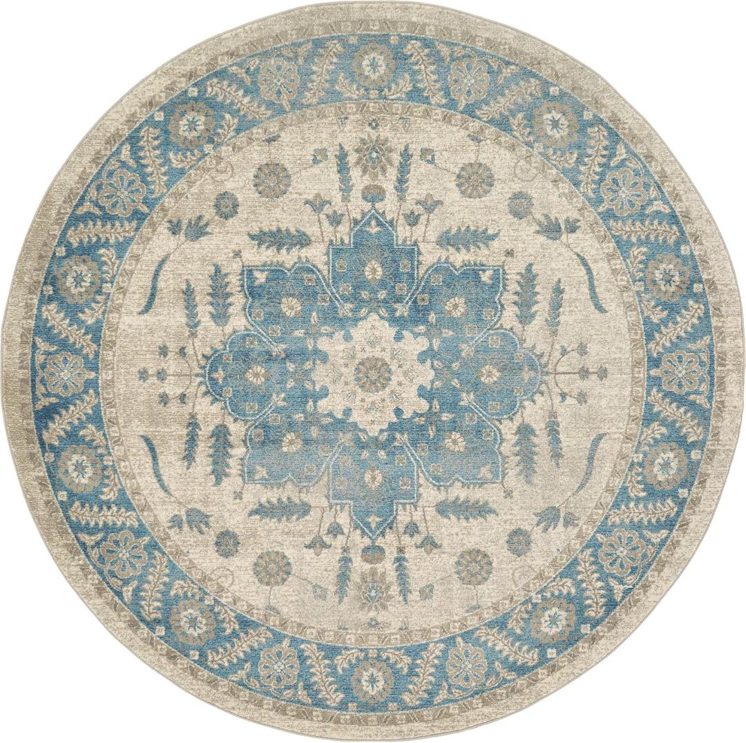 Unique Loom Salzburg Collection Classic Traditional Design Oriental Inspired Border Area Rug, 6 ft 9 in Round, Beige/Blue