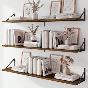 Fun Memories Extra Long Floating Wall Shelves, 48 x 8 Inches, Set of 3 Large Wood Floating Bookshelves with Metal Brackets for Storage & Display (Rustic Brown)