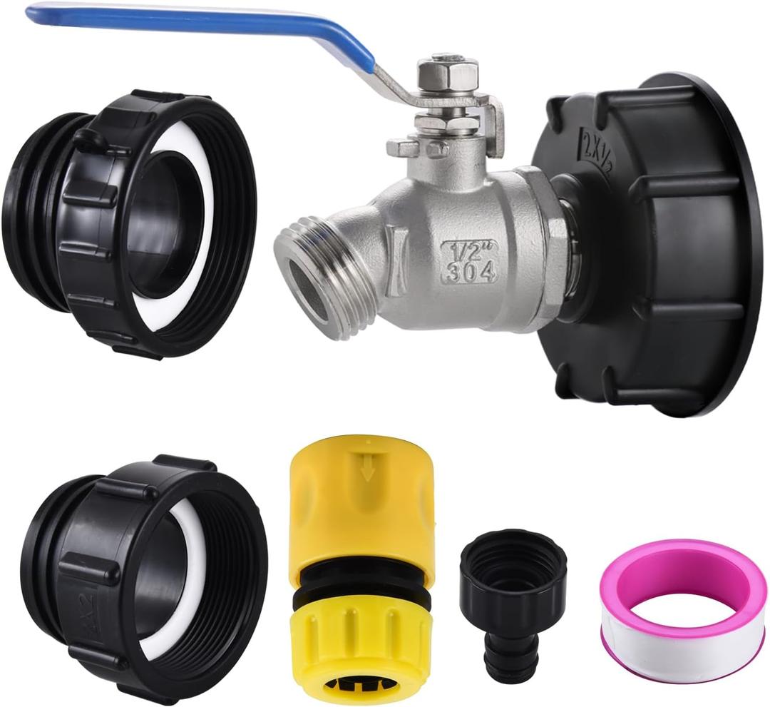 3-Size IBC Tote Adapter, 275-330 Gallon IBC Tote Tank Fittings 2.44" Fine2Fine and 2" Coarse Thread + Lead-free Garden Hose Faucet/Valve for Garden Hose Connector (304 Stainless Steel)