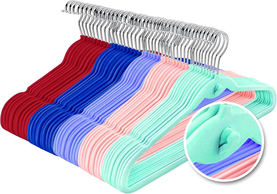 Multi-Color Premium Velvet Hangers with Mini Hooks, Pack of 50, Non Slip, Space Saving Cascading Clothes Hangers, 5 Colors, Pink, Lavender, Navy Blue, Red Burgundy and Mint Green