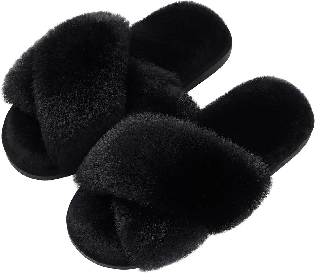 Evshine Women's Fuzzy Slippers Cross Band Memory Foam House Slippers Open Toe (7-8, Black)