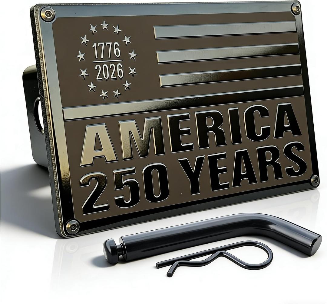 Patented American Flag Trailer Hitch Cover, America 250 Limited Edition Exclusive TrkWyze Design, Riveted Aluminum Flag Hitch Cover, CAR-WASH-Safe, Rust-Resistant (Black)