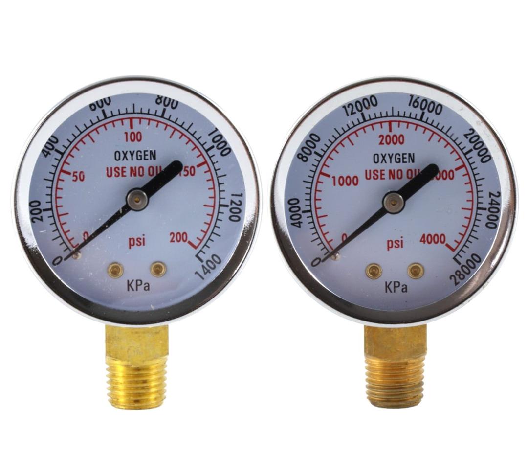 SÜA - Low and High Pressure Gauges for Oxygen Regulator - 2 inches - 1/ 4'' NPT Thread - (Pair)