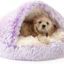 NOYAL Round Hooded Donut Dog Bed for Small & Medium Pets - Plush Fluffy Anti-Anxiety Cat Cave Bed with Cover (Small 19.6'', Gradient Purple)