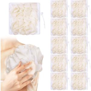 10 Pack Soap Bar Loofah, 2 in 1 Drawstring Bar Soap Loofah Pouch Exfoliation Mesh Shower Ball for Body Wash and Smooth Skin (Beige, White)