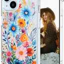 Hungo Compatible for iPhone 15 Case for Women Clear Design Cute,Girly Girls Designer Blue Watercolor Spring Floral Bouquets Peony Rose Plants Natural