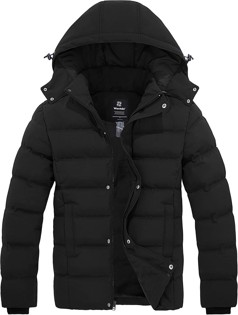 Wantdo Men's Hooded Winter Coat Warm Puffer Jacket Thicken Cotton Coat with Removable Hood (Large, Black)