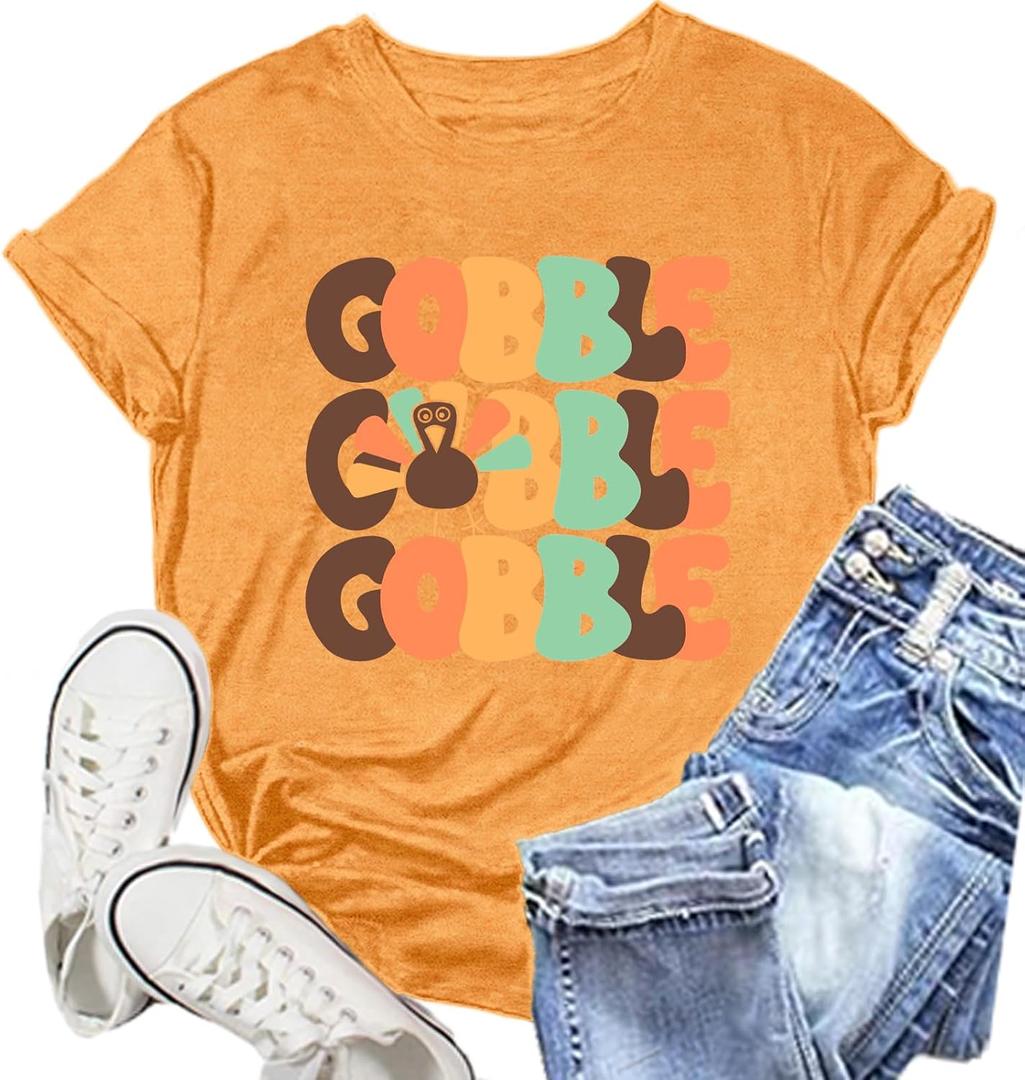 Thanksgiving Day Shirt for Women Gobble Turkey Tshirt Thanksgiving Tee Tops (Orange, XL)