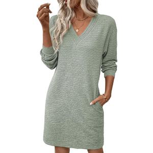 EVALESS Womens Fall Dresses 2026 Long Sleeve V Neck Casual Dress Textured Loose Fit Shift Mini Dress with Pockets (S)