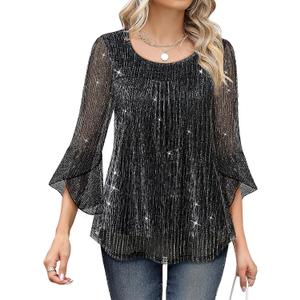 Bebonnie Women's Ruffle 3/4 Sleeve Elegant Dressy Blouses Crew Neck Double Layers Mesh Tunic Tops (Large)