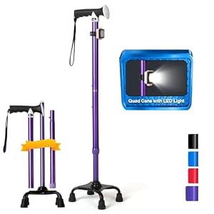 Quad Cane (300 lbs) - Adjustable Walking Cane with Large 4-Pronged Base & LED Light, Extra Balance & Stability Walking Stick for Seniors, Men & Women