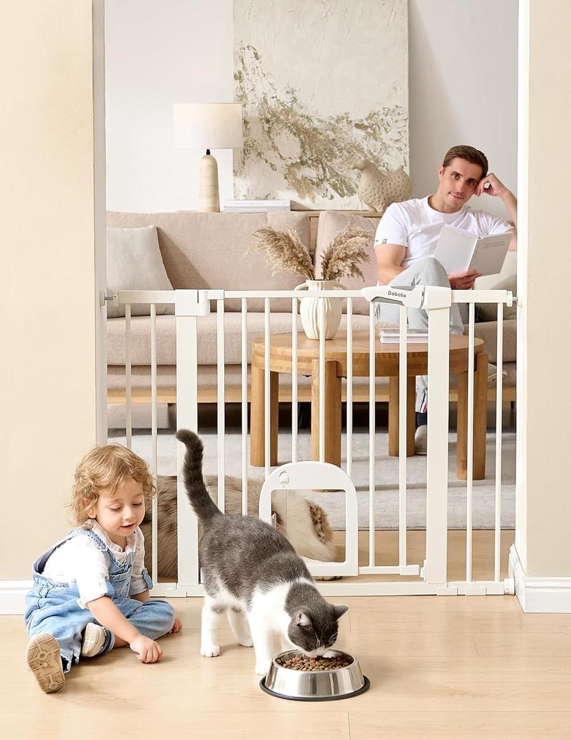 Babelio Baby Gate with Adjustable Cat Door,29-43" Auto Close Durable Pet Door for Stairs,Doorways and House,Pressure Mounted, Easy Install, Effortless Walk Thru, White
