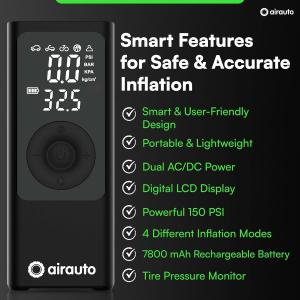 Airauto Tire Inflator Portable Air Compressor - Air Pump For Car Tires with Digital Pressure Gauge, LED Light and Auto Shut-Off Function - Cordless Pump for Car, Motorcycle, Bicycle, Balls and More