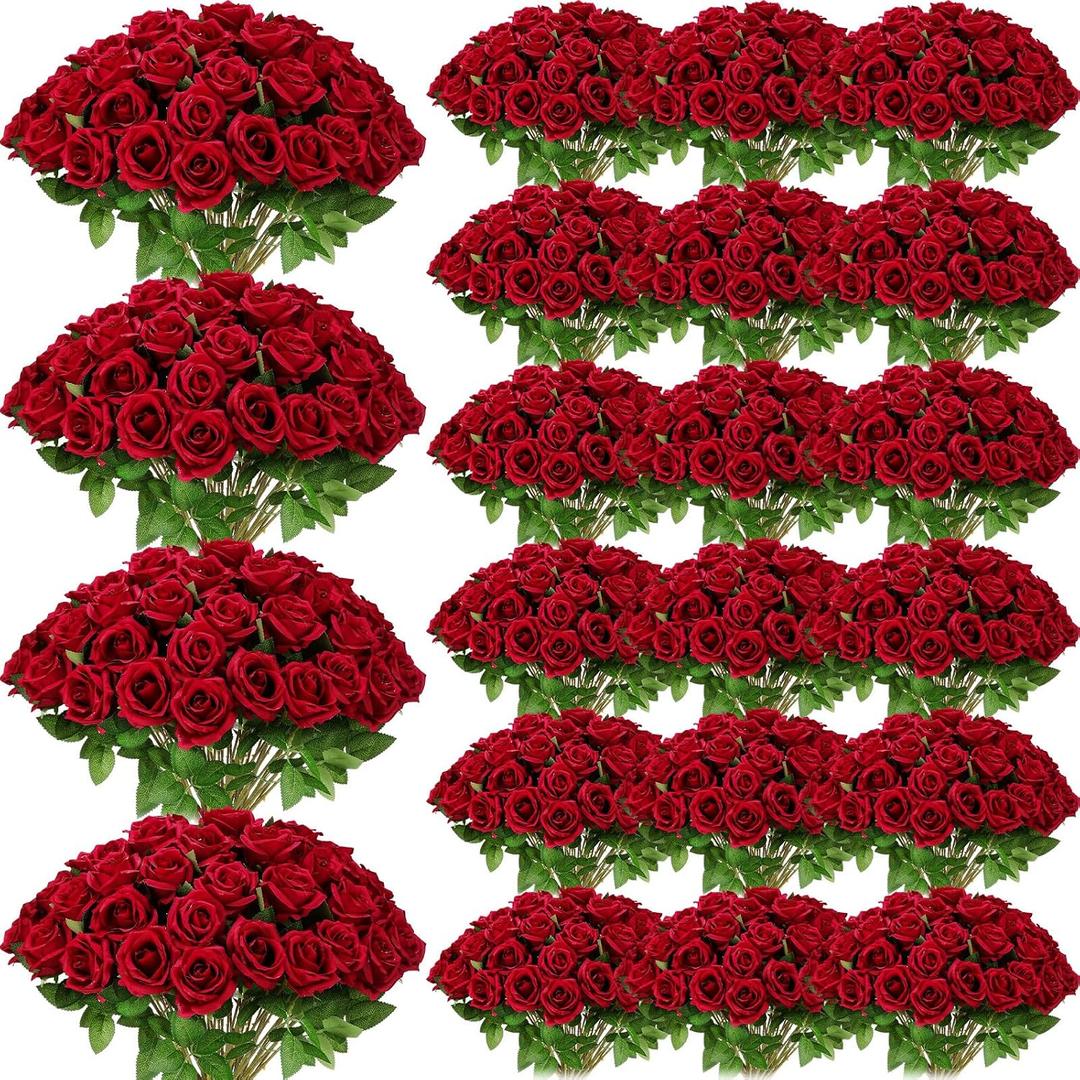 Riceshoot 500 Pcs Artificial Silk Roses Flowers with Long Stem Bridal Wedding Bouquet Realistic Floral Bulks for Garden Home Party Gifts Favor Decoration (Wine Red)