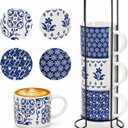 4 Pack Ceramic Coffee Mug Set with Rack, 16 OZ Stackable Cappuccino Cups with Metal Stand, Blue and White Porcelain Tea Mugs for Latte, Americano, Milk, Hot Cocoa, Beverages, Microwave Safe