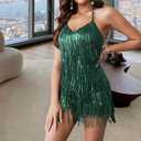 Women's Sleeveless V Back Sequins Fringe Jumpsuit One Piece Short Romper Party Nightclub (S)