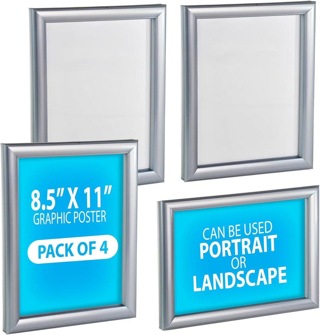 Azar Displays 300336-SLV-4PK Wall Mount Plastic Snap Poster Frame 8.5" x 11" Portrait/Landscape Sign Holder Frame, 4-Pack (Silver)