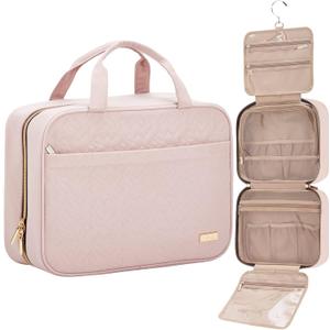 NISHEL Travel Toiletry Bag for women, Portable Hanging Organizer for Full-Sized Shampoo, Conditioner, Brushes Set, Makeup Accessories, Large Size, Pink