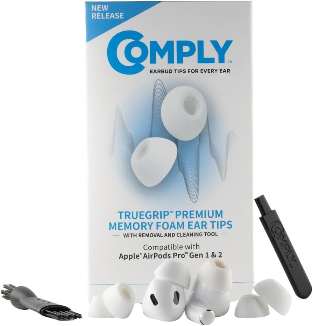Comply TrueGrip | Premium Memory Foam Replacement Earbud Tips for Apple AirPods Pro 1 & 2 | Enhanced Comfort, Secure Fit, Superior Noise Isolation, Removal & Cleaning Tool | White, Medium (3 Pairs)