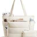 Puffer Tote Bag for Women, Lightweight Puffy Work Handbag Teacher Nurse Quilted Shoulder Bag for School Travel Gym | Cloud Bag w/ Zipper, Daily College Bags, 15.6" Computer Bag, Clinical Nursing Bag, 40 OZ Tumbler Holder, Ideal Gift for Women (Cream)