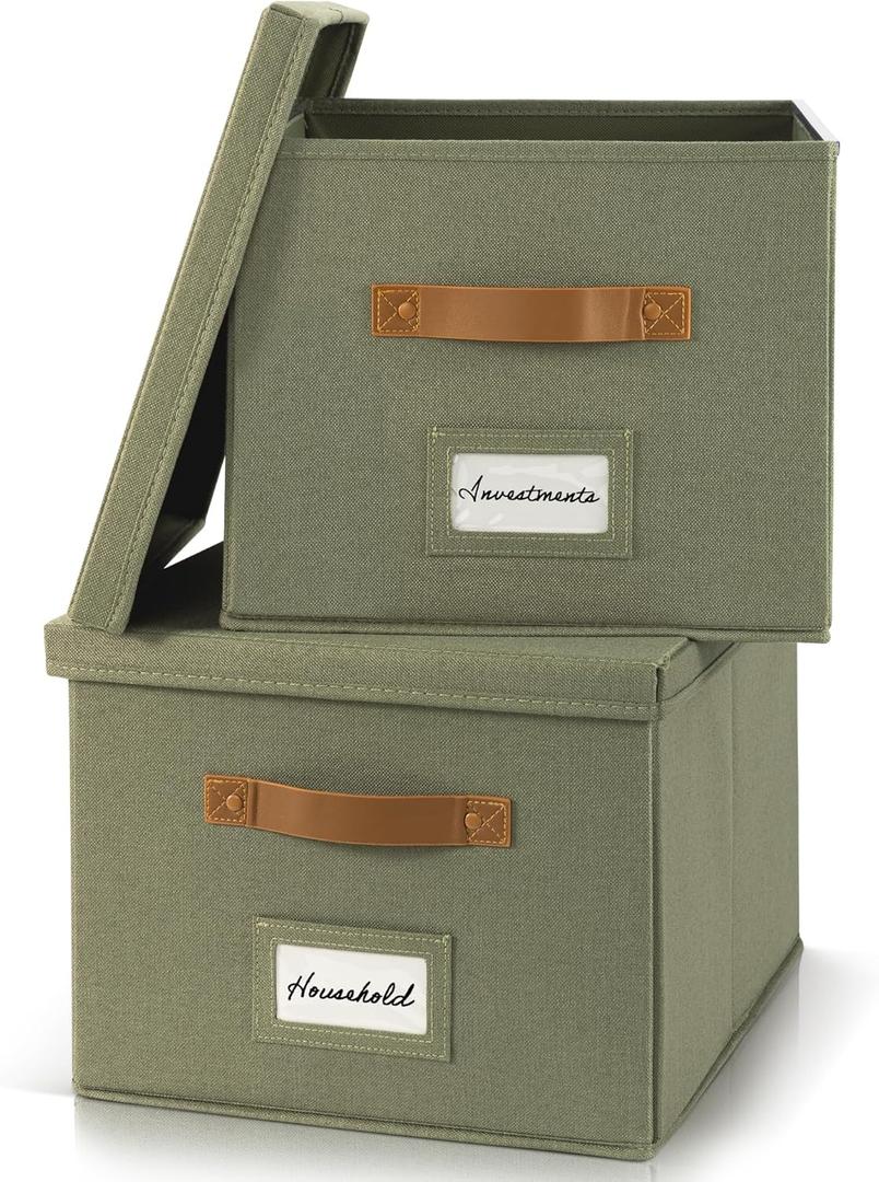 ZICOTO Decorative File Organizer Box Set of 2 - Collapsible Linen Filing Cabinets w/Handles Are Perfect to Store all Your Documents & Hanging File Folders - Portable Easy Slide Crates with Lid (Sage Green)